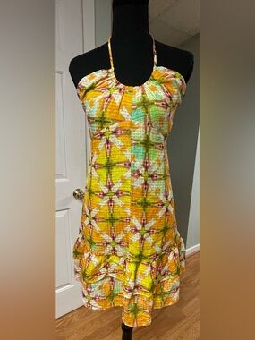 Marie Oliver Yellow & Green Tie-Dye Linen Blend Halter Dress. Size 0. EUC